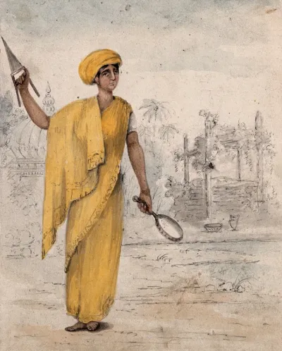 An Indian woman, about to be burned on her dead husband's funeral pyre