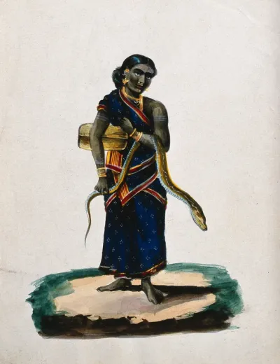 An Indian woman holding a snake and a basket