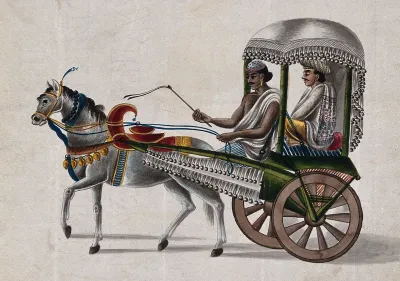 An Indian zamindar travelling in a small covered carriage pulled by a horse