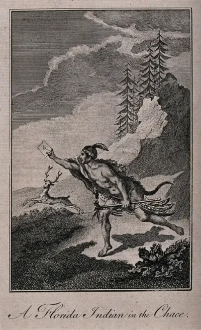 An indigenous man in Florida wearing animal skins and carrying a bow is running with an envelope in his hand as a deer runs alongside him