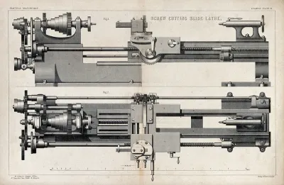 An industrial lathe for cutting screw threads: from the side (upper figure) and from above (lower figure)