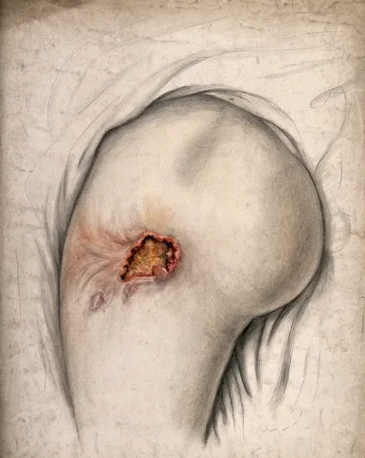An infected open wound on the outer thigh of a man suffering from creeping or serpiginous phagedena