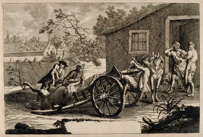 An injured horse is pulled onto a cart by three men, while a stable-hand attempts to calm an anxious colleague