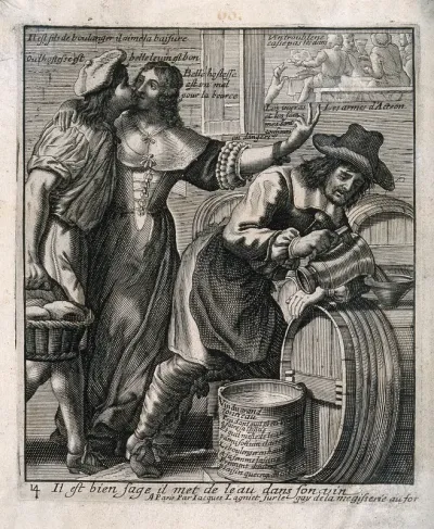 An innkeeper adds water to his wine as his customer, a baker, kisses the landlady