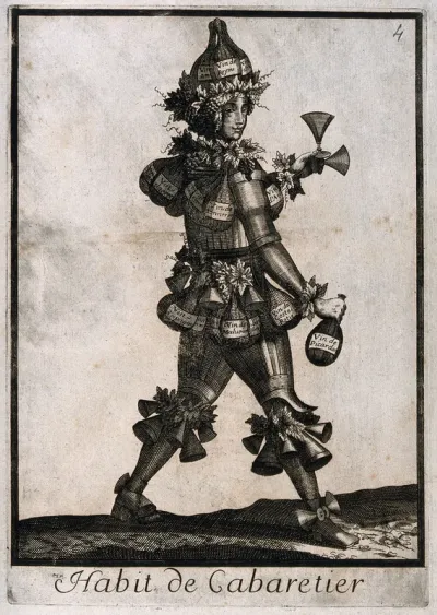 An innkeeper composed of wine bottles and grapes