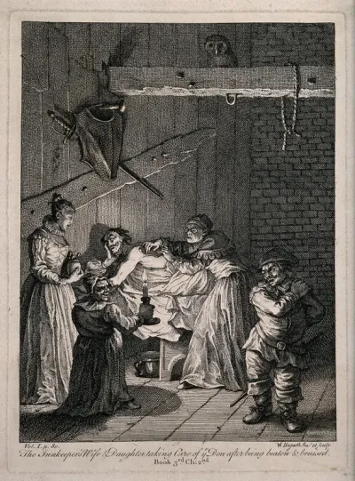An innkeeper's wife and daughter taking care of Don Quixote's wounds and injuries after being beaten