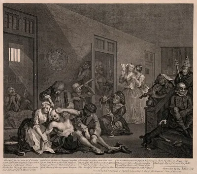 An insane man (Tom Rakewell) sits on the floor manically grasping at his head, his lover (Sarah Young) cries at the spectacle while two attendants attach chains to his legs; they are surrounded by other lunatics at Bethlem hospital, London