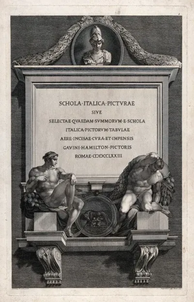 An inscription carved on stone with marble statues by Michelangelo including Romulus and Remus