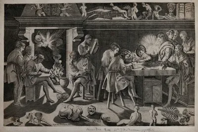 An interior in candlelight with male figures drawing; sculptures, books, skulls and a human skeleton arranged on a shelf and on the floor