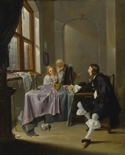 An interior with a gentleman presenting a snuff box to a seated lady stringing a pearl