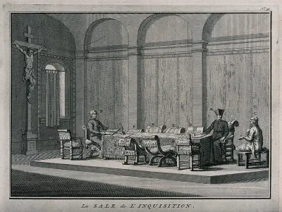 An interrogation room of the Spanish Inquisition with two priests and an accused heretic