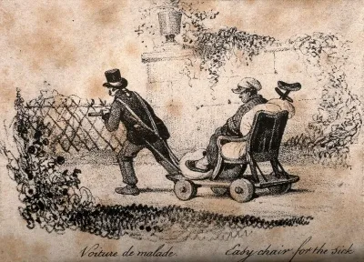 An invalid being drawn through a garden in an early wheelchair, called the 'voiture de malade'