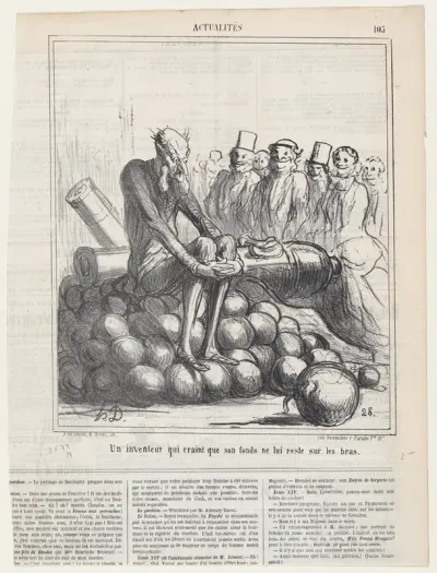 An inventor who is afraid of getting stuck, sitting on his stock, from 'News of the day,' published in Le Charivari, May 31, 1867