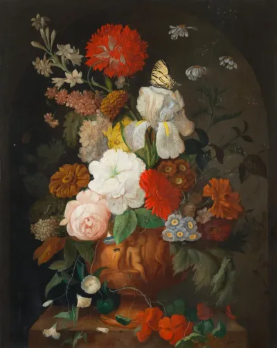 An Iris, roses, auriculas and other flowers in an urn on a stone ledge, with a butterfly