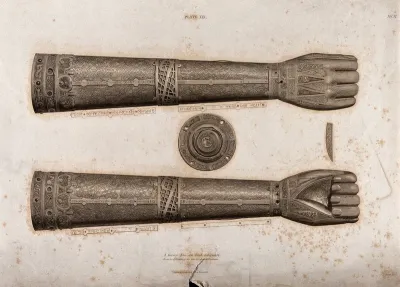 An Irish bronze reliquary in the form of a human arm, made to house an arm of Saint Lachtin