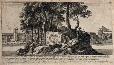 An island in the Seine with the River Goddesses of the Oyse, the Marne and the Seine displaying the royal coat of arms in front of the Louvre