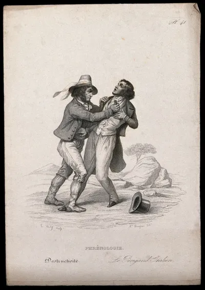 An Italian brigand attacking a gentleman on a road; exhibiting the phrenological 'propensity' of 'destructiveness'