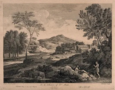 An Italian landscape; a village in the background; men in the foreground