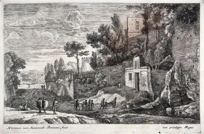 An Italian landscape in which a sick person is being carried to a hospital