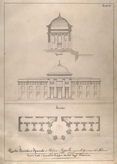 An Italian lazaretto: section, facade and floor plan of the chapel and visiting room