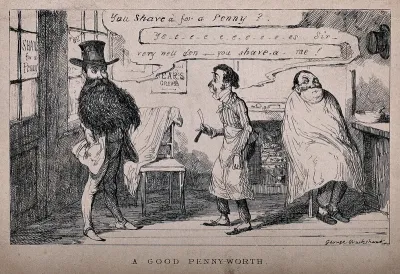An Italian man with an extremely long bushy beard requesting a barber to confirm his advertised rate of a shave for one penny; the barber is forced to agree