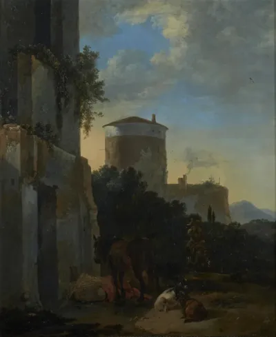 An italianate village street with a horse, goats, and man on a donkey