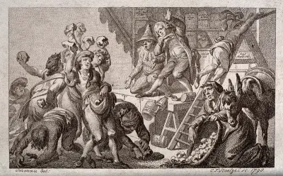 An itinerant medicine vendor and his assistants being pelted off stage with stones from an angry audience