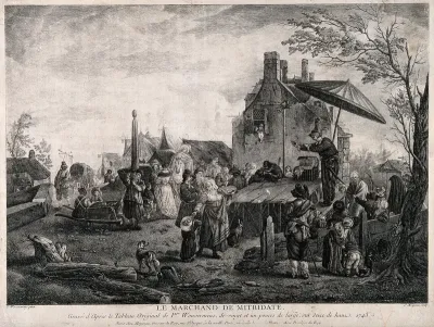 An itinerant medicine vendor performing on stage at a bustling fair