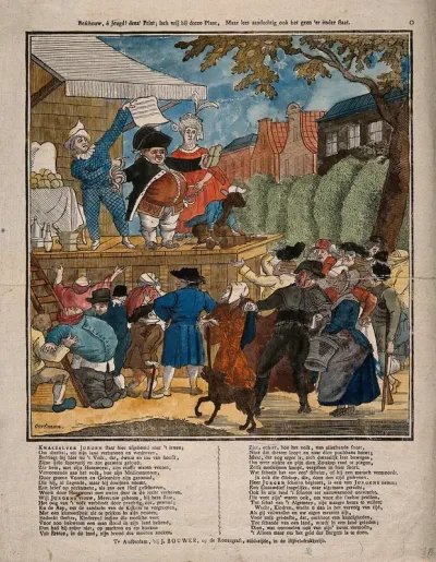 An itinerant medicine vendor performing on stage with two assistants and a monkey, selling his wares to an excitable crowd