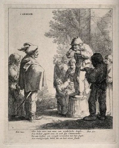 An itinerant medicine vendor reciting from a piece of paper trying and sell his wares to a small audience