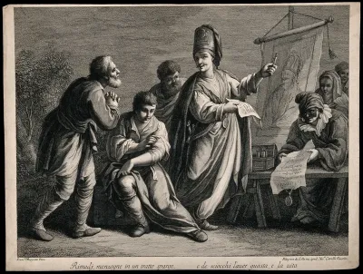An itinerant medicine vendor selling a medicine to a man whose son has a poorly arm
