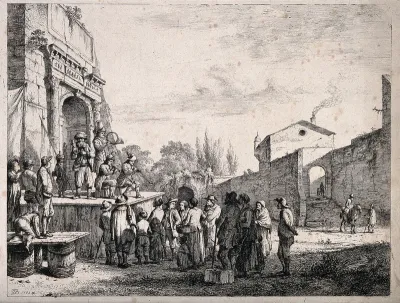 An itinerant medicine vendor selling his wares on stage with the aid of three musicians to an audience in the ruins of a temple
