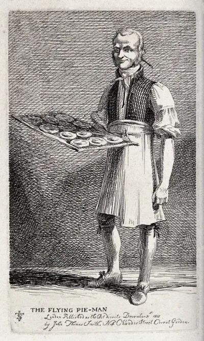 An itinerant salesman holding a tray with freshly baked pies