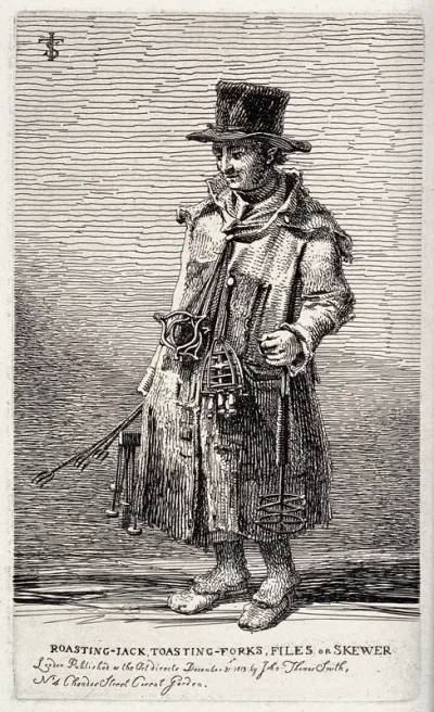 An itinerant salesman in ragged clothes selling toasting forks, files, skewers and other implements