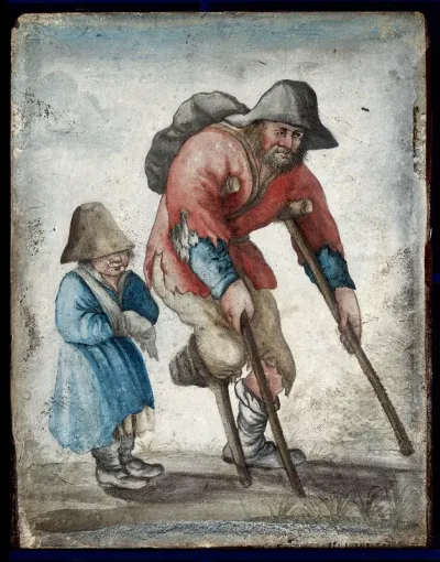 An itinerant salesman in top hat and ragged clothes selling sweets or pies from a basket under his arm