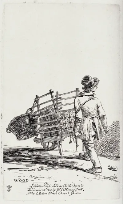 An itinerant salesman pushing the cart from which he sells wood logs