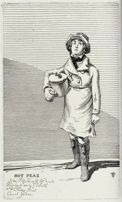 An itinerant salesman selling hot peas from the pot he carries under his right arm