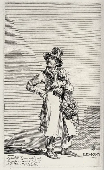 An itinerant salesman selling lemons from a bag in his left hand