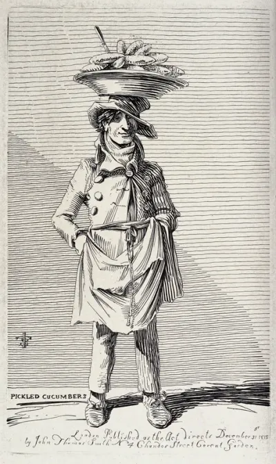 An itinerant salesman selling pickled cucumbers from a large plate he balances on his head