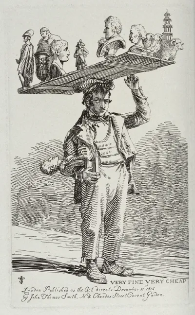 An itinerant salesman selling reproductions of antique and modern sculptures from a timber board he balances on his head