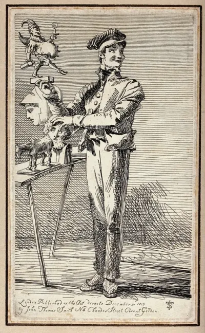 An itinerant salesman selling small reproductions of antique and modern sculptures