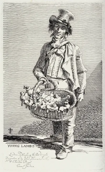 An itinerant salesman selling small woollen toys from a wicker baket