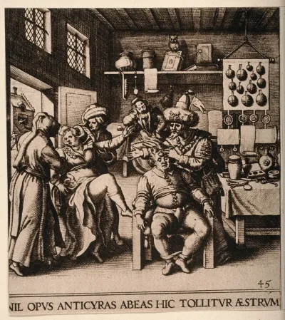 An itinerant surgeon extracting stones from a man's head; symbolising the expulsion of 'folly' (insanity), in the background is a manic woman who is waiting for the operation