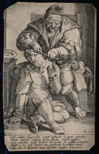An itinerant surgeon extracting stones from a man's head; symbolising the expulsion of 'folly' (insanity) Line engraving after L