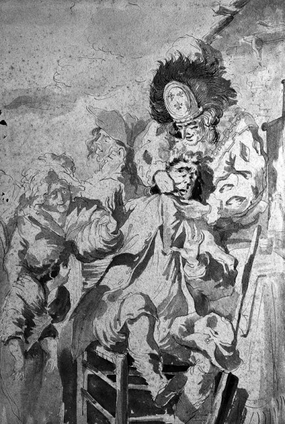 An itinerant tooth-drawer performing an operation on a struggling male patient