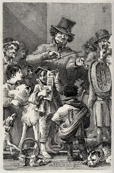 An itinerant vendor selling pipes is surrounded by a crowd of children, dogs and passer-by