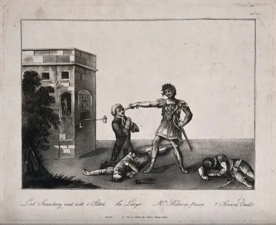 An man in classical costume (Lord Strawberry), standing outside a prison, is pointing his pistol at the man kneeling at his feet amidst two corpses