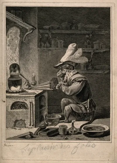 An monkey-alchemist pumps a bellows in a laboratory; alluding to the vanity of alchemy