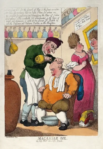 An obese bald-headed old man seated in an armchair while a hairdresser pours macassar oil from a bottle on to his scalp