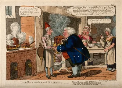 An obese doctor acknowledging the favours of a French chef in his kitchen; denoting their complicity, the chef's food providing patients